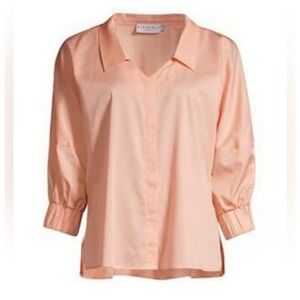 NWT Harshman Novia Blouse Rose Cloud Pink Satin V-Neck Smocked 3/4 Sleeve XS